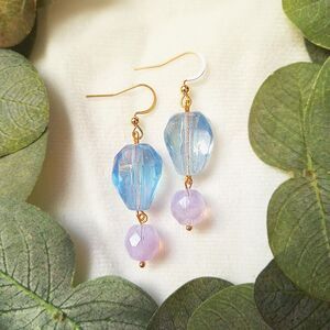 Pastel Fairycore Earrings: Iridescent Blue Teardrop & Lilac Czech Glass